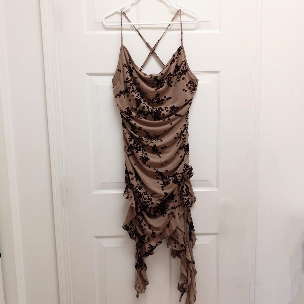 Fashion Nova Mesh Velvet Burnout Mini Dress Taupe XL Floral Whimsigoth Night Out
